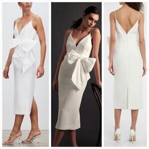 New Rebecca Vallance Genevieve Bow V-Neck Sheath Midi Dress $630 SIZE 8 White